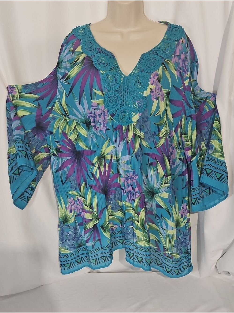 Catherines Plus Size 22-24W Teal Tropical Boho Tunic Crochet Lace Top XXL Summer - Picture 6 of 17